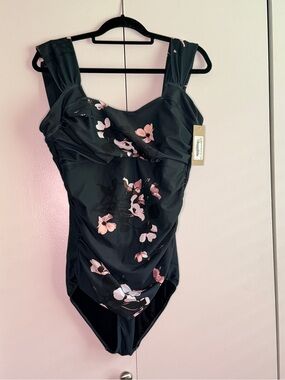 Albion Black One-Piece Swimsuit with Pink Floral Print